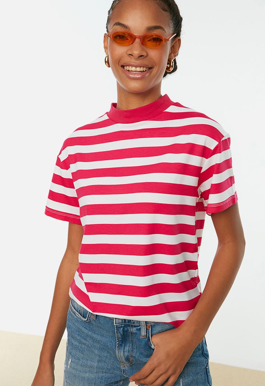 Trendyol - Striped basic knit t-shirt - pink