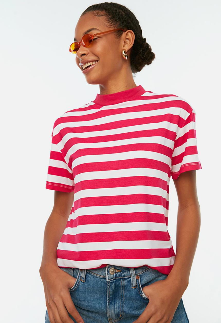 Trendyol - Striped basic knit t-shirt - pink