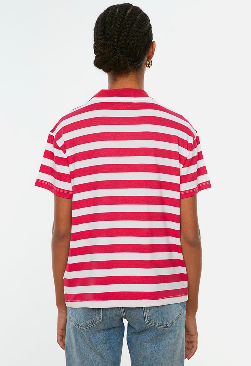 Trendyol - Striped basic knit t-shirt - pink