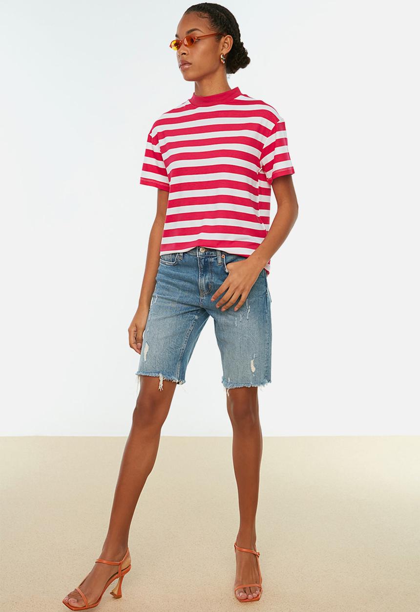 Trendyol - Striped basic knit t-shirt - pink