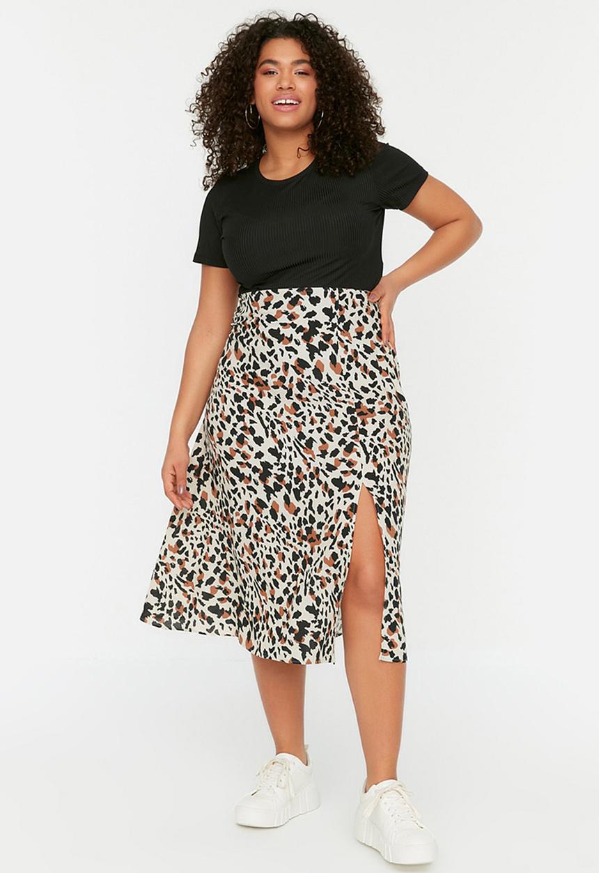 Trendyol - Plus print slit detail skirt - beige