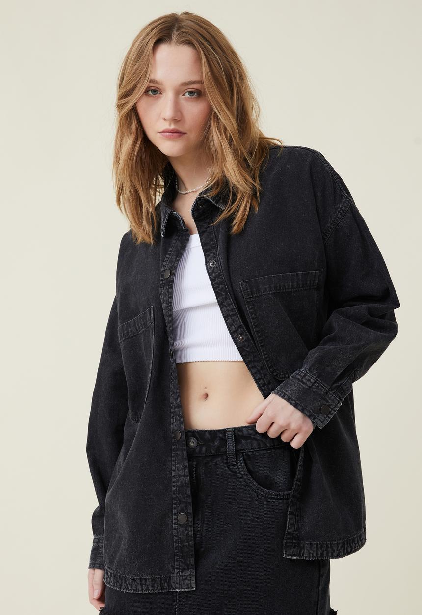 Cotton On - Oversized utility denim shirt - graphite black