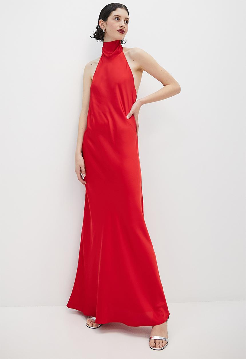 VELVET - Satin halter tie back maxi slip dress - red