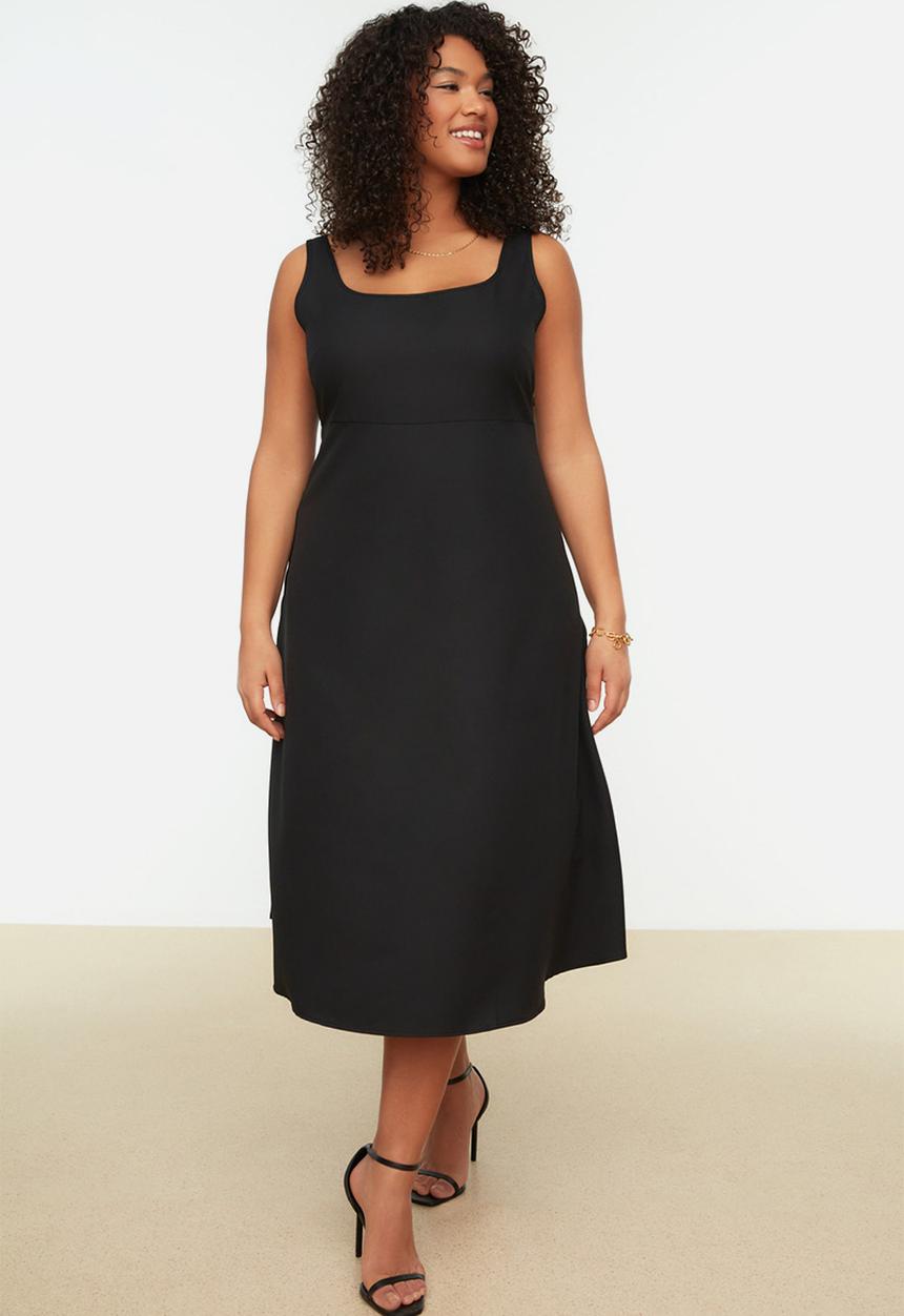 Trendyol - Plus square collar sleeveless woven dress - black