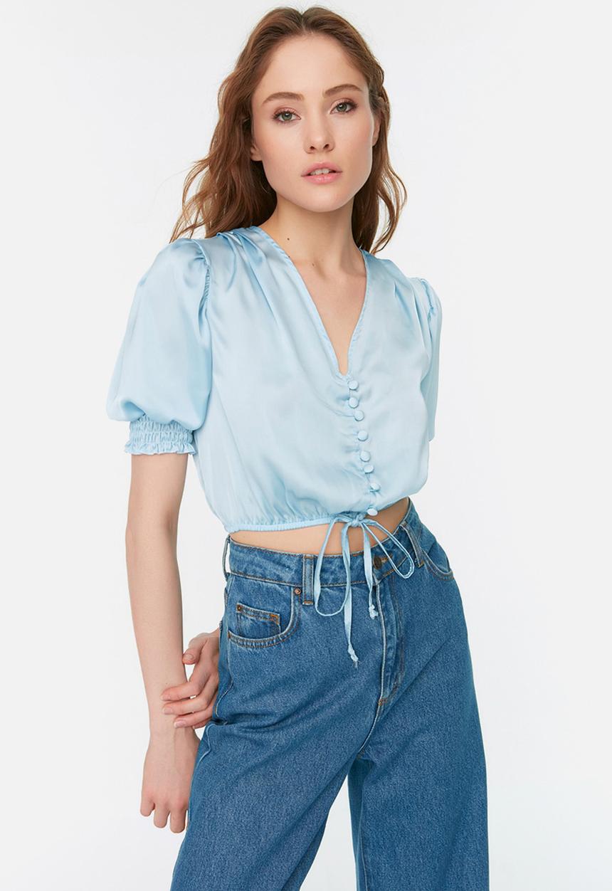 Trendyol - Button detail short sleeve crop blouse - blue