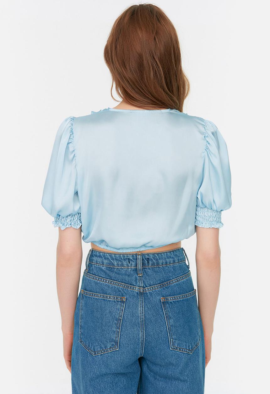 Trendyol - Button detail short sleeve crop blouse - blue