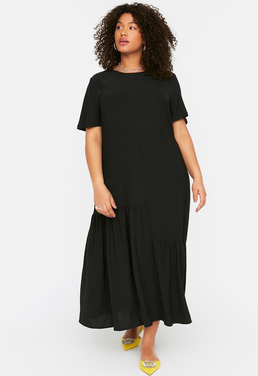 Trendyol - Plus ruffle maxi woven dress - black