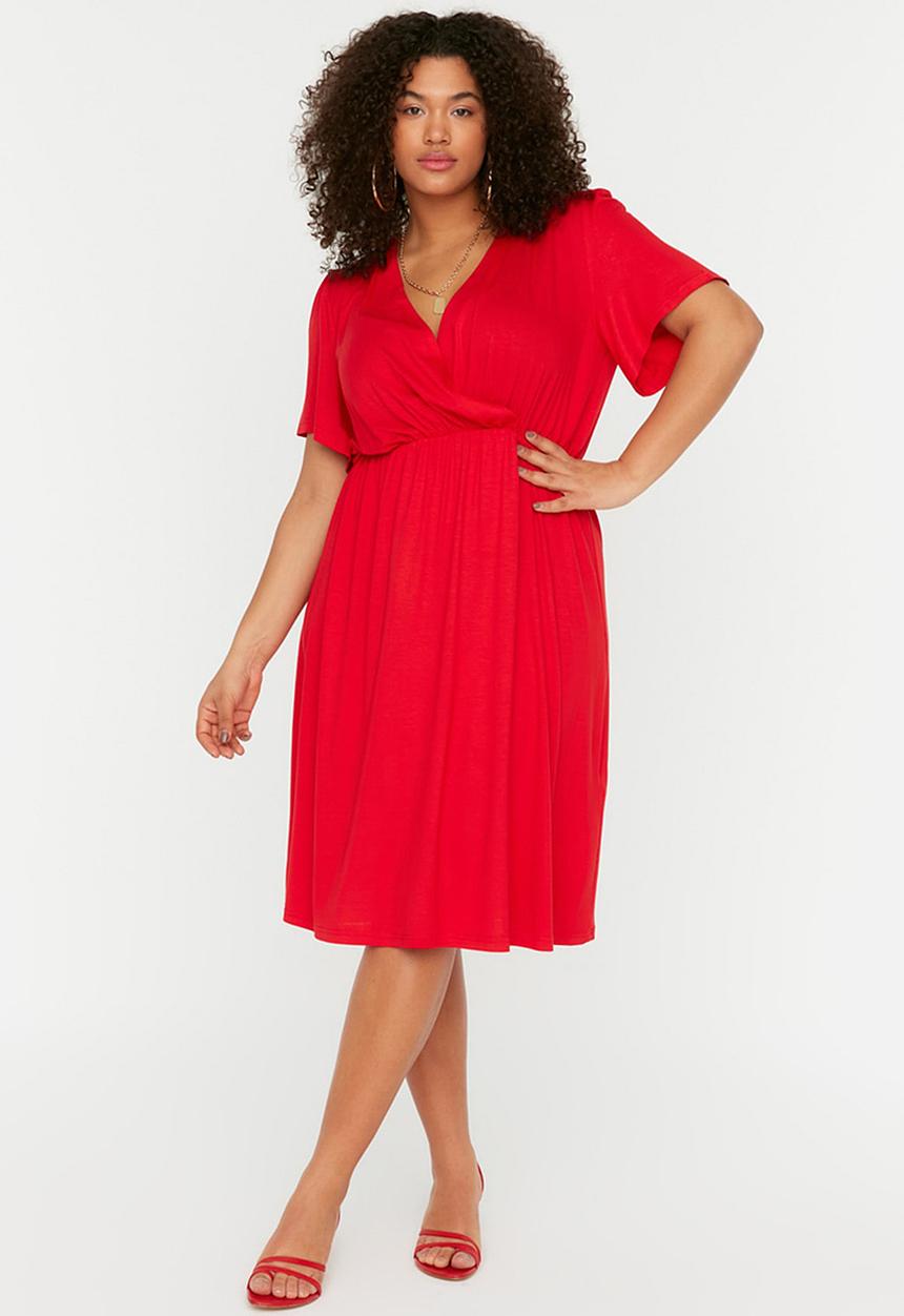 Trendyol - Plus v-neck flowy knit dress - red