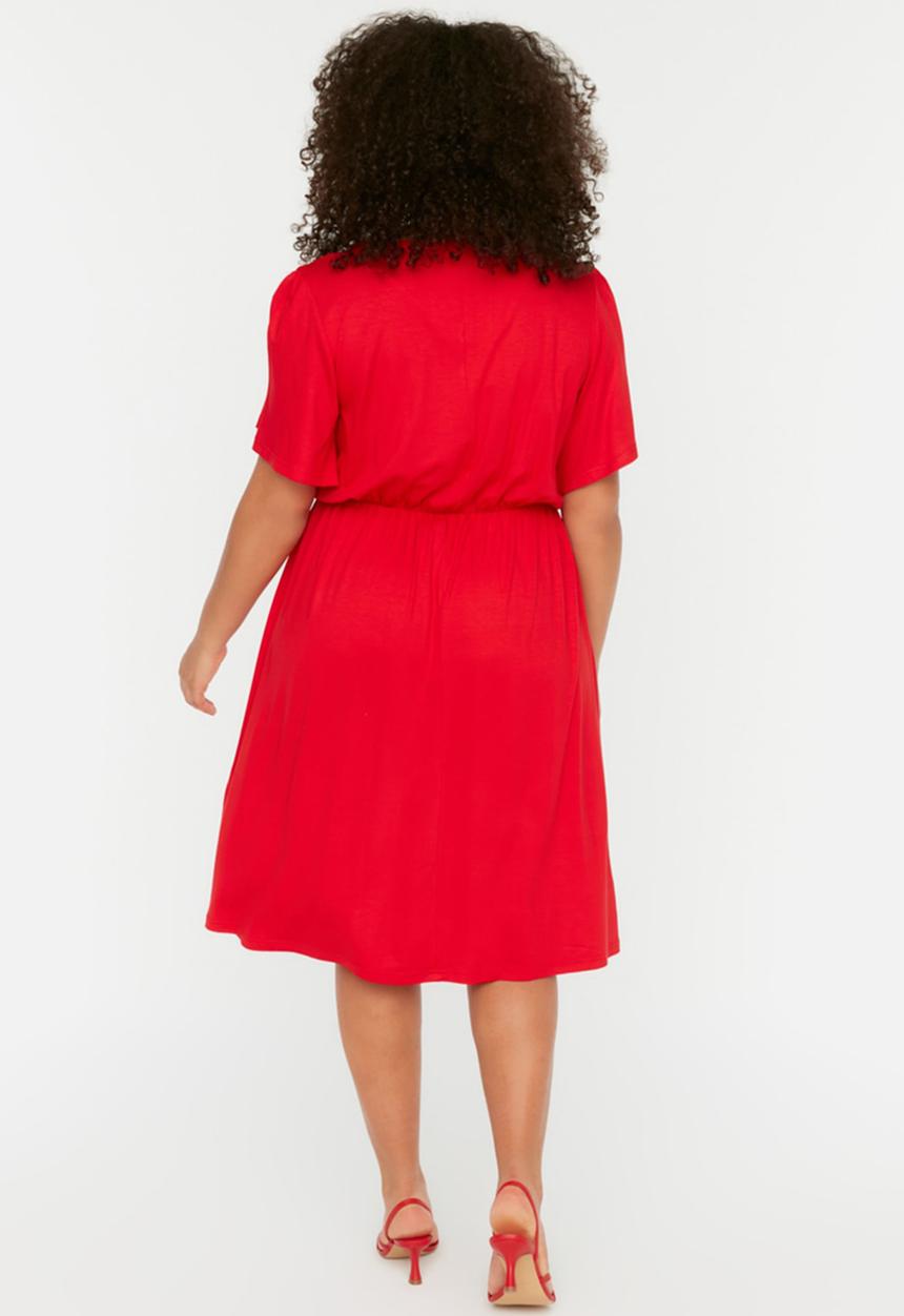 Trendyol - Plus v-neck flowy knit dress - red
