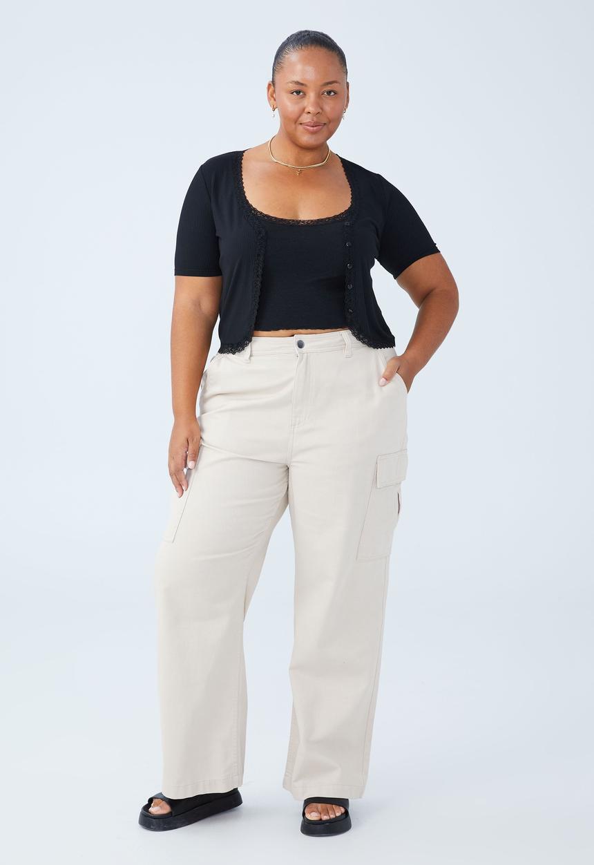 Cotton On - Curve courtney lace button down short sleeve top - black