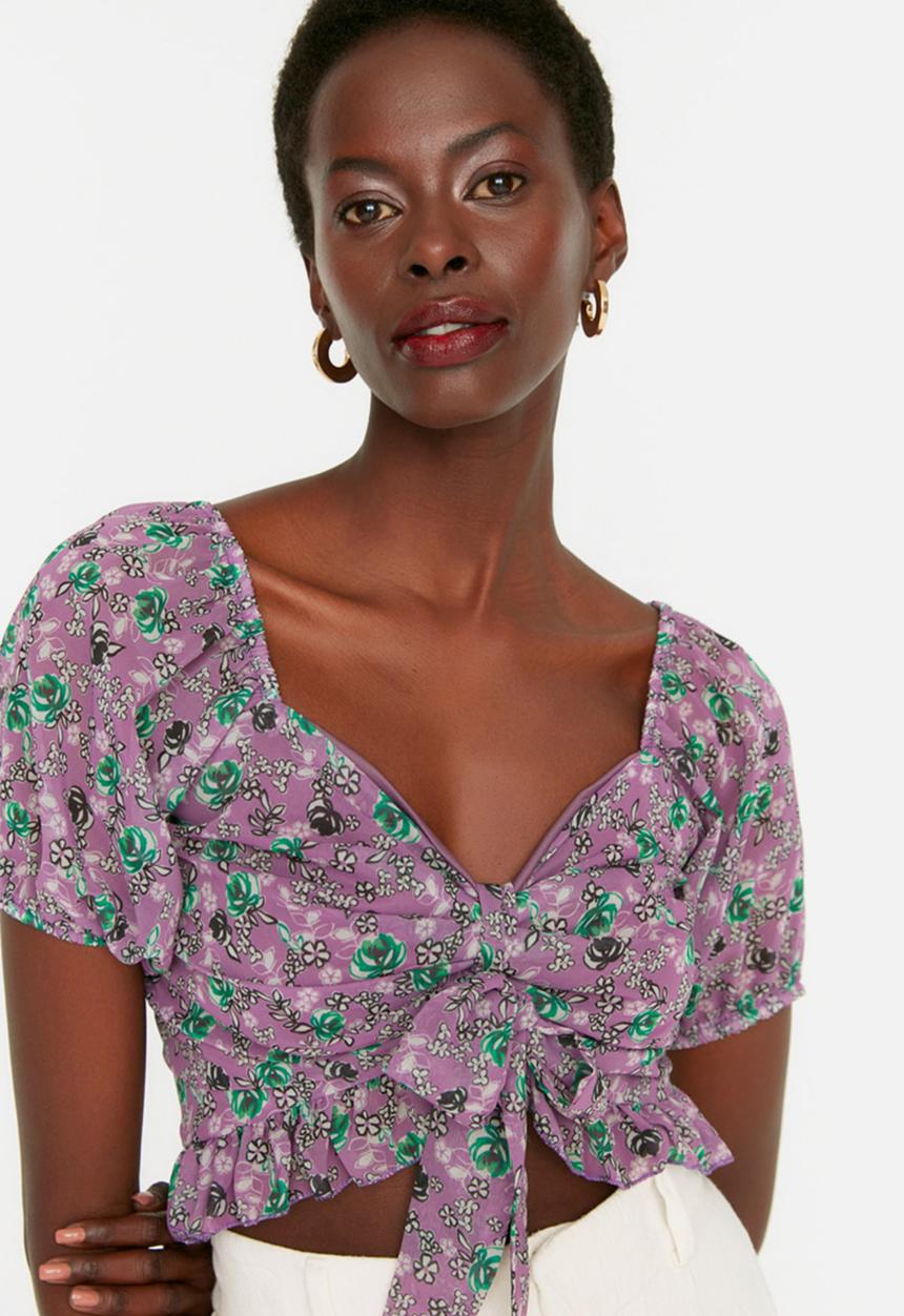 Trendyol - Floral crop blouse - light purple