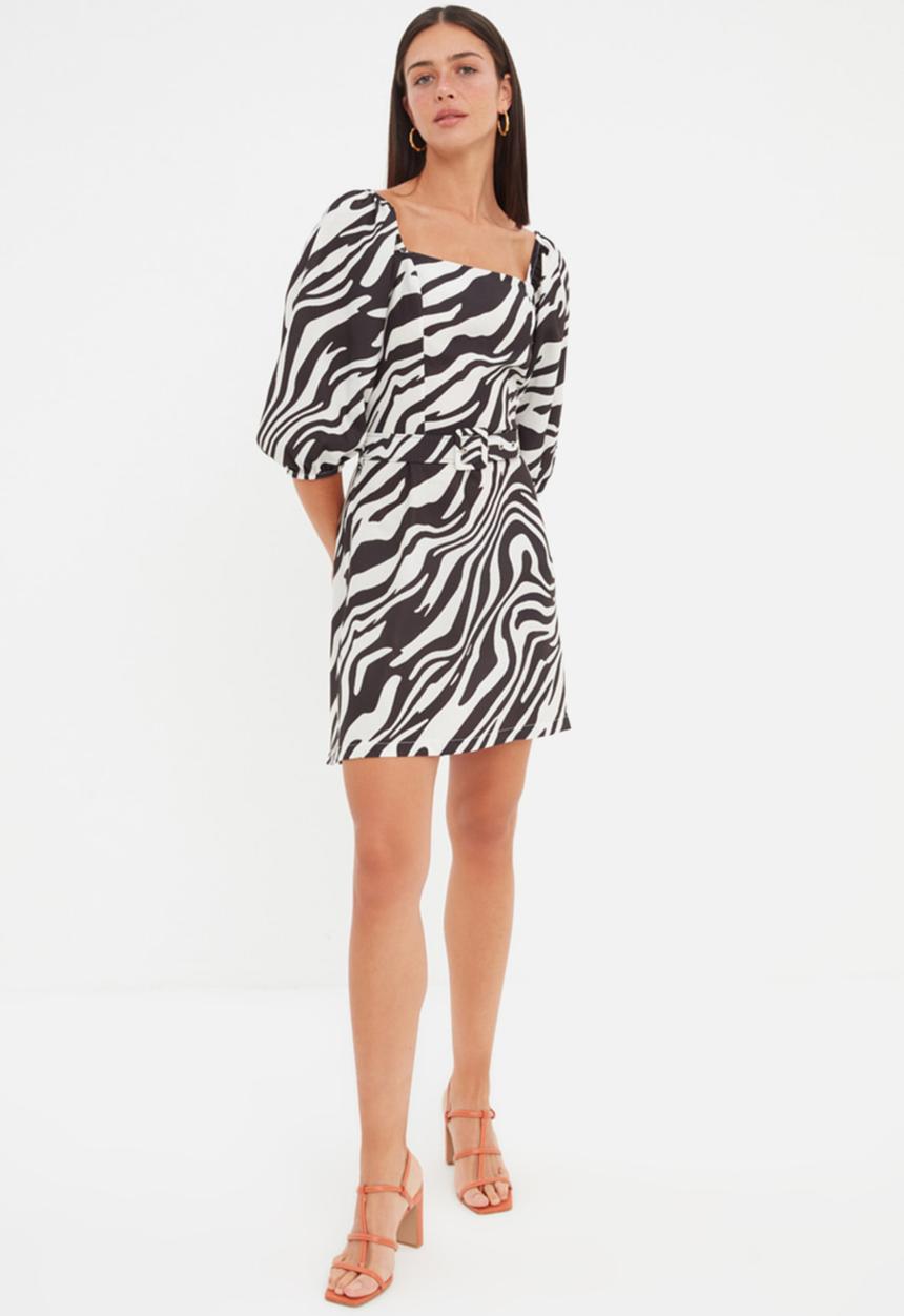 Trendyol - Belted zebra print dress - black