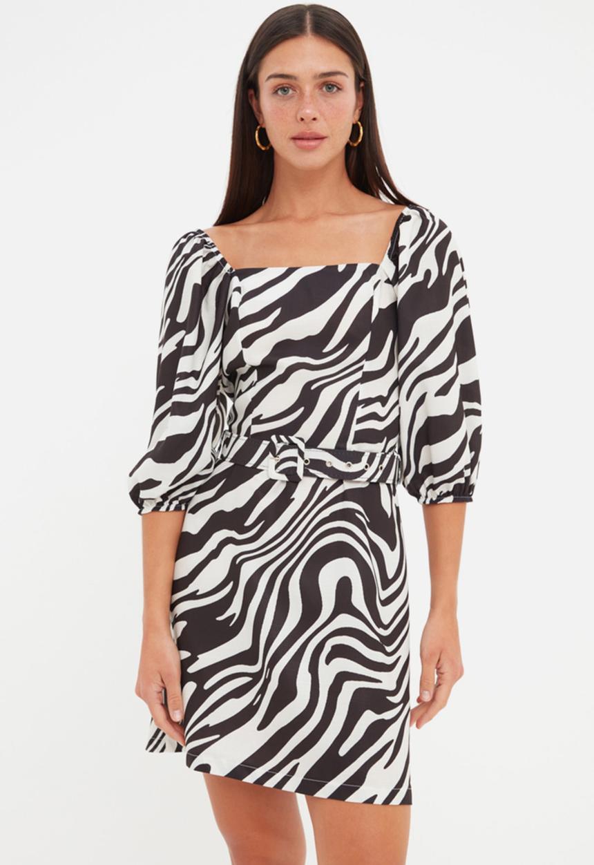 Trendyol - Belted zebra print dress - black