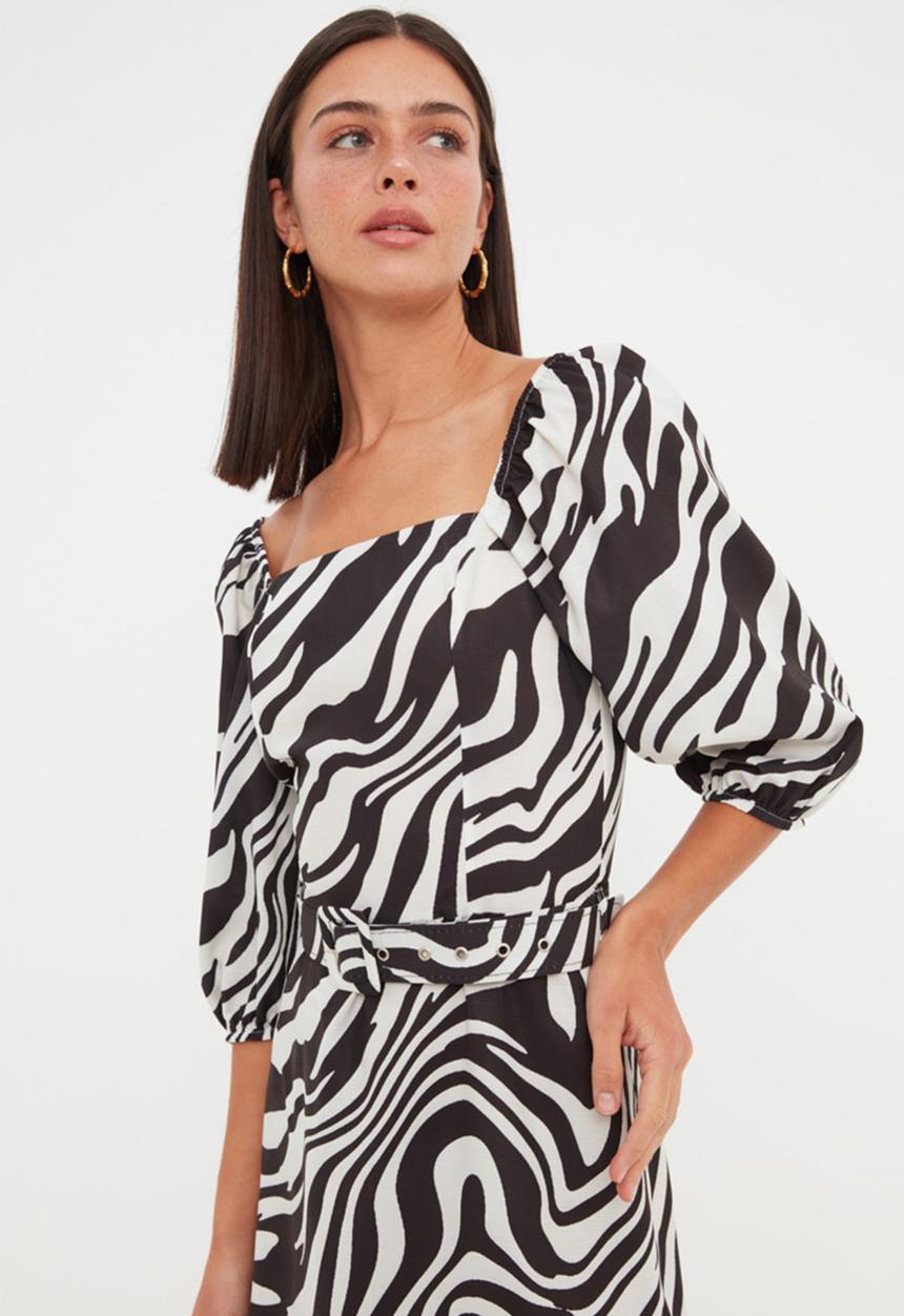 Trendyol - Belted zebra print dress - black