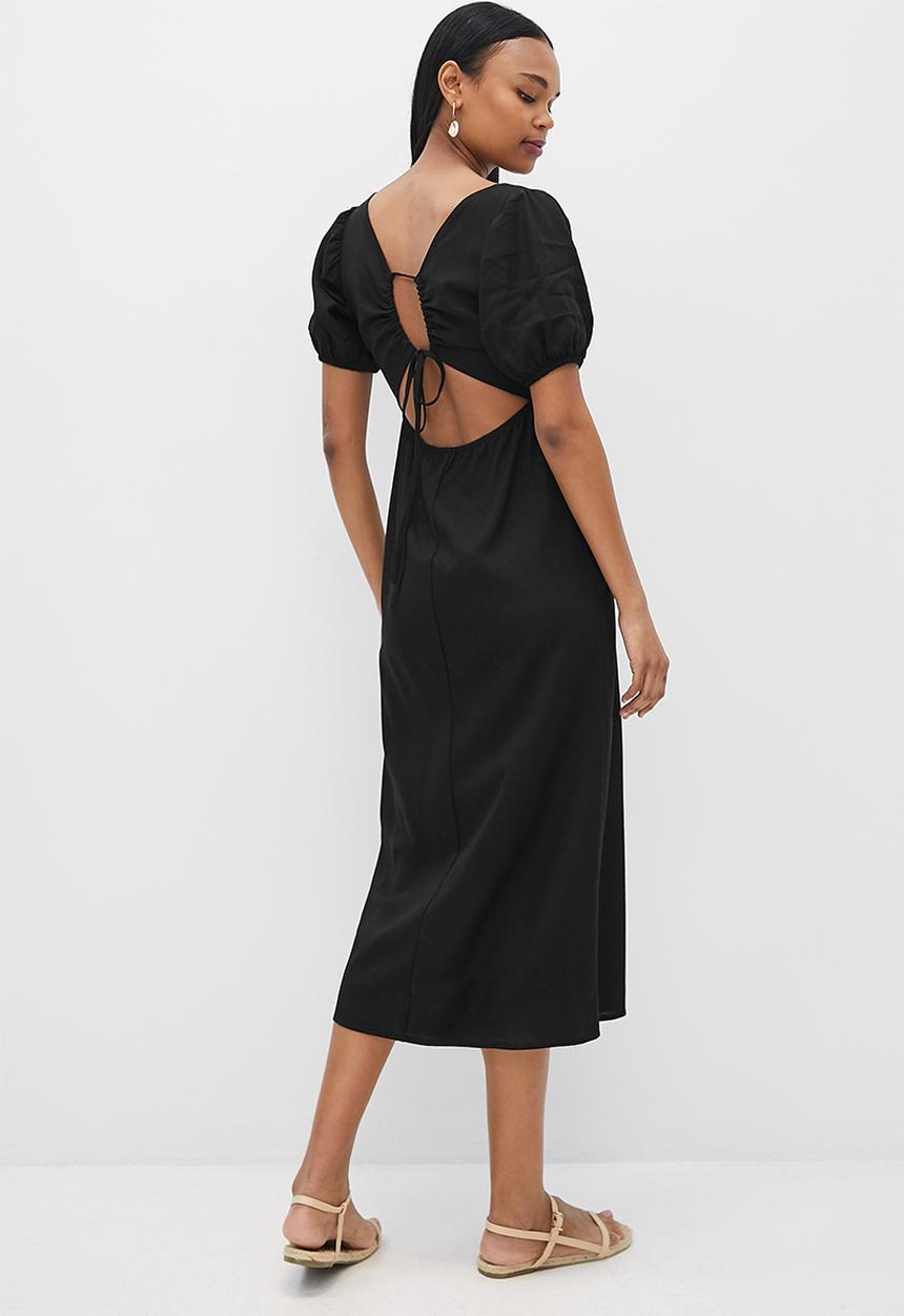 MILLA - Linen back detail midi dress - black
