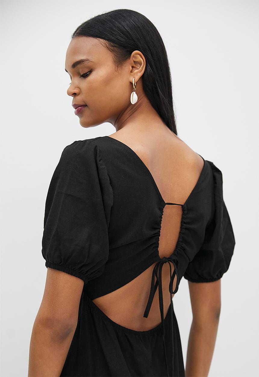 MILLA - Linen back detail midi dress - black