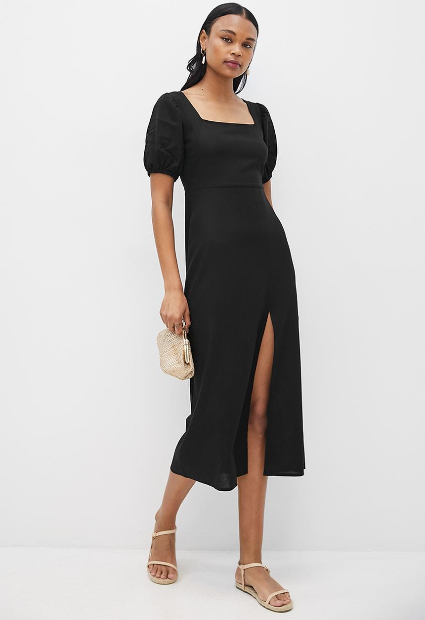MILLA - Linen back detail midi dress - black