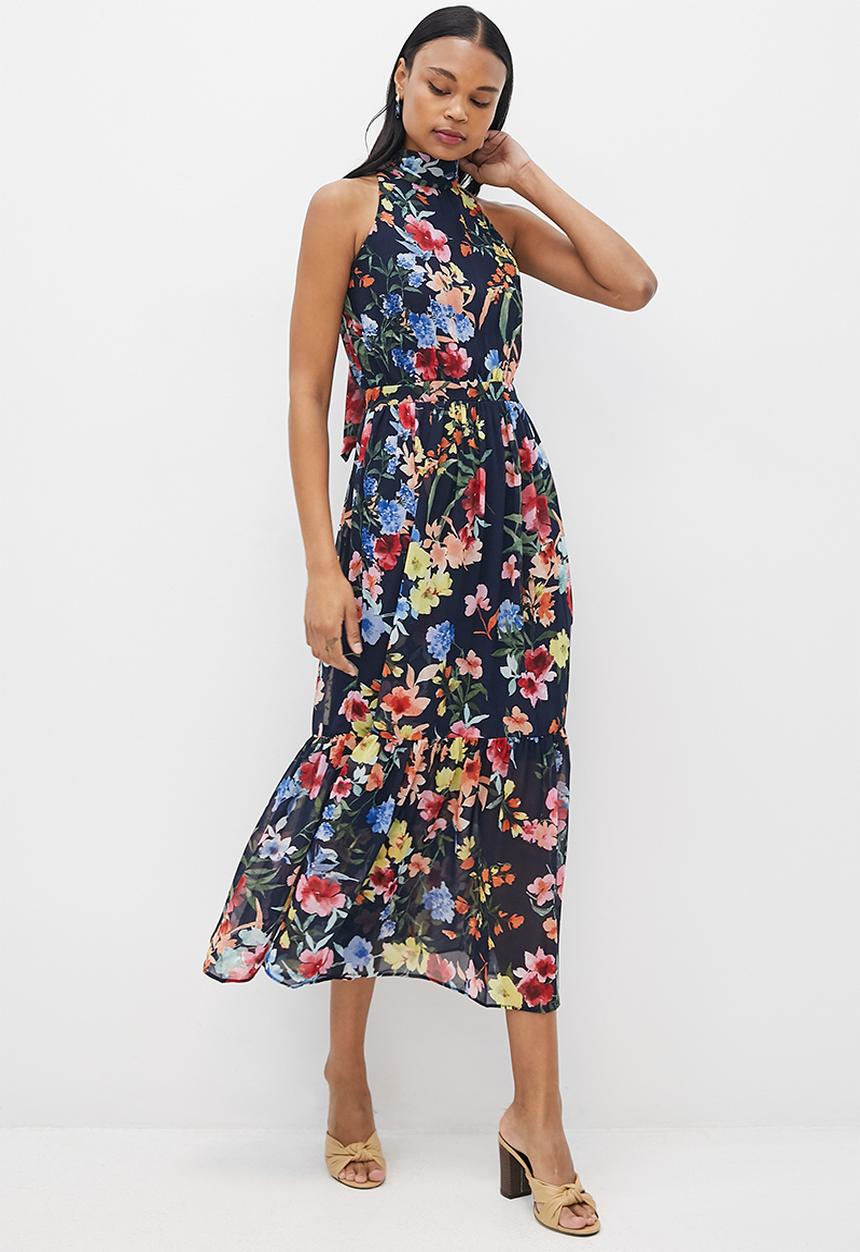MILLA - Printed chiffon halter maxi dress - navy floral