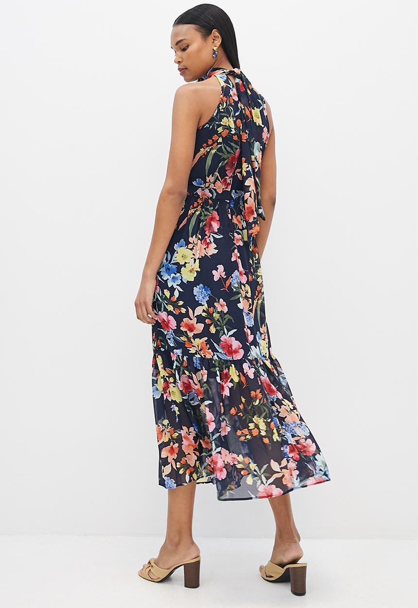 MILLA - Printed chiffon halter maxi dress - navy floral