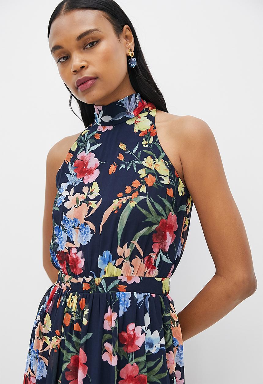 MILLA - Printed chiffon halter maxi dress - navy floral