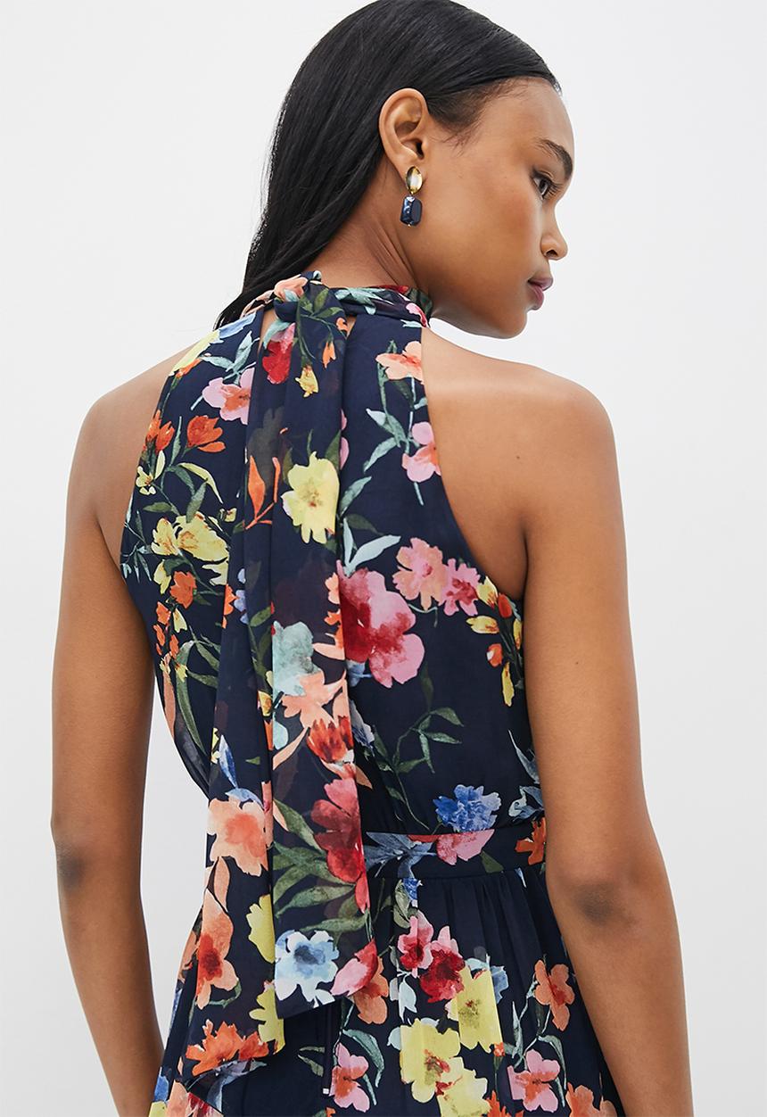 MILLA - Printed chiffon halter maxi dress - navy floral