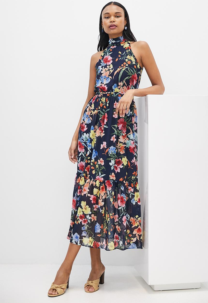 MILLA - Printed chiffon halter maxi dress - navy floral