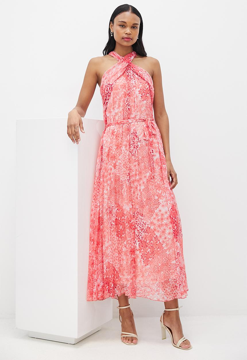 MILLA - Cross over halter pleated dress - pink