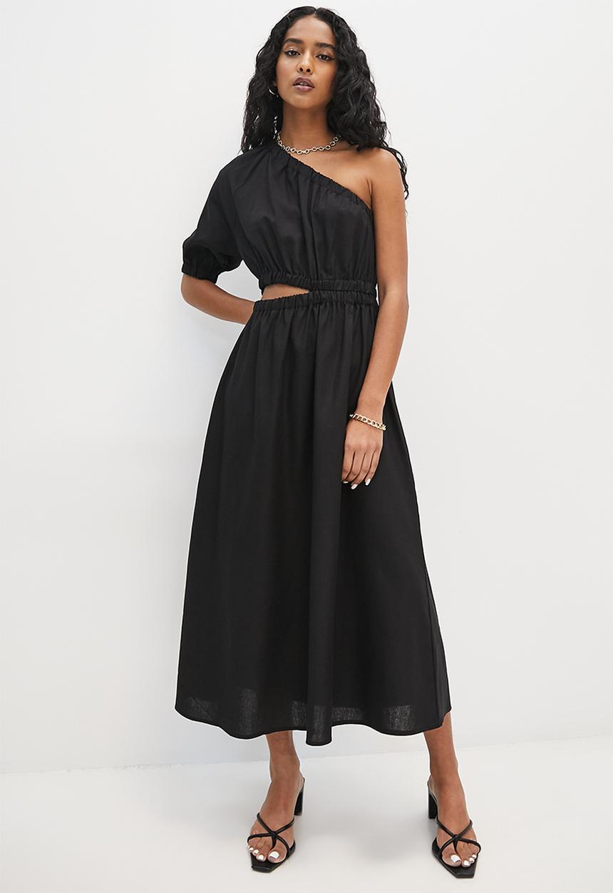 VELVET - Assym side cutline midi a line dress - black