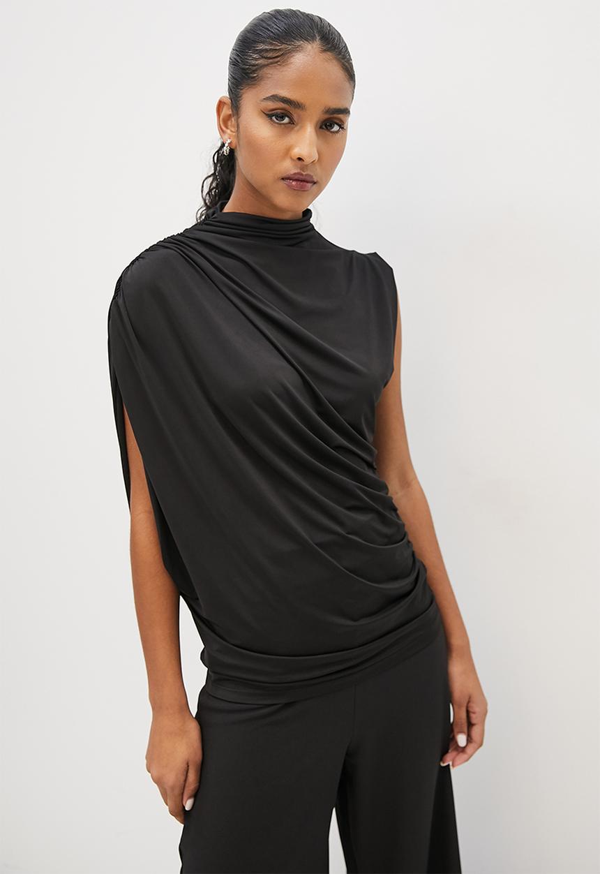 VELVET - Draped one shoulder slinky top - black