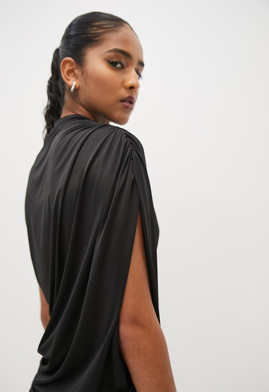 VELVET - Draped one shoulder slinky top - black