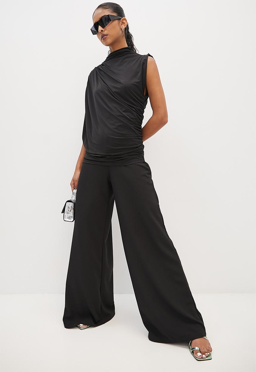 VELVET - Draped one shoulder slinky top - black