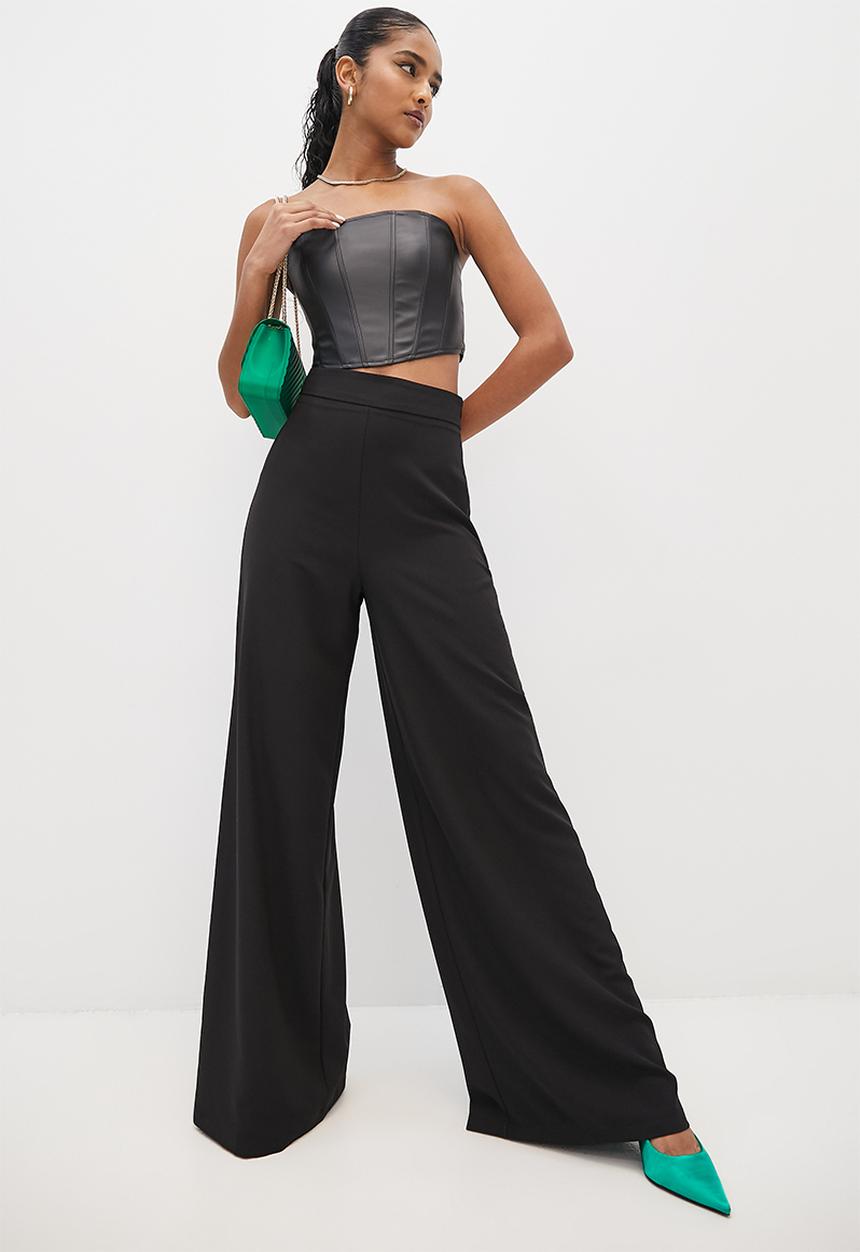 VELVET - Formal flat front palazzo pant - black