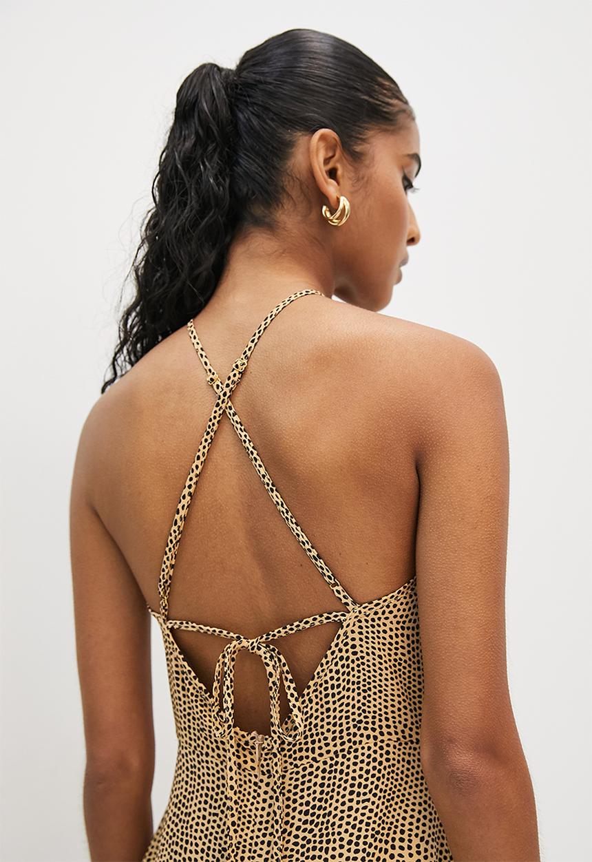 VELVET - Cami fit and flare midi dress with strappy back ties - sand & black