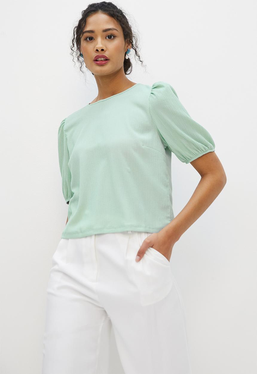 MILLA - Textured puff sleeve boxy top - sage