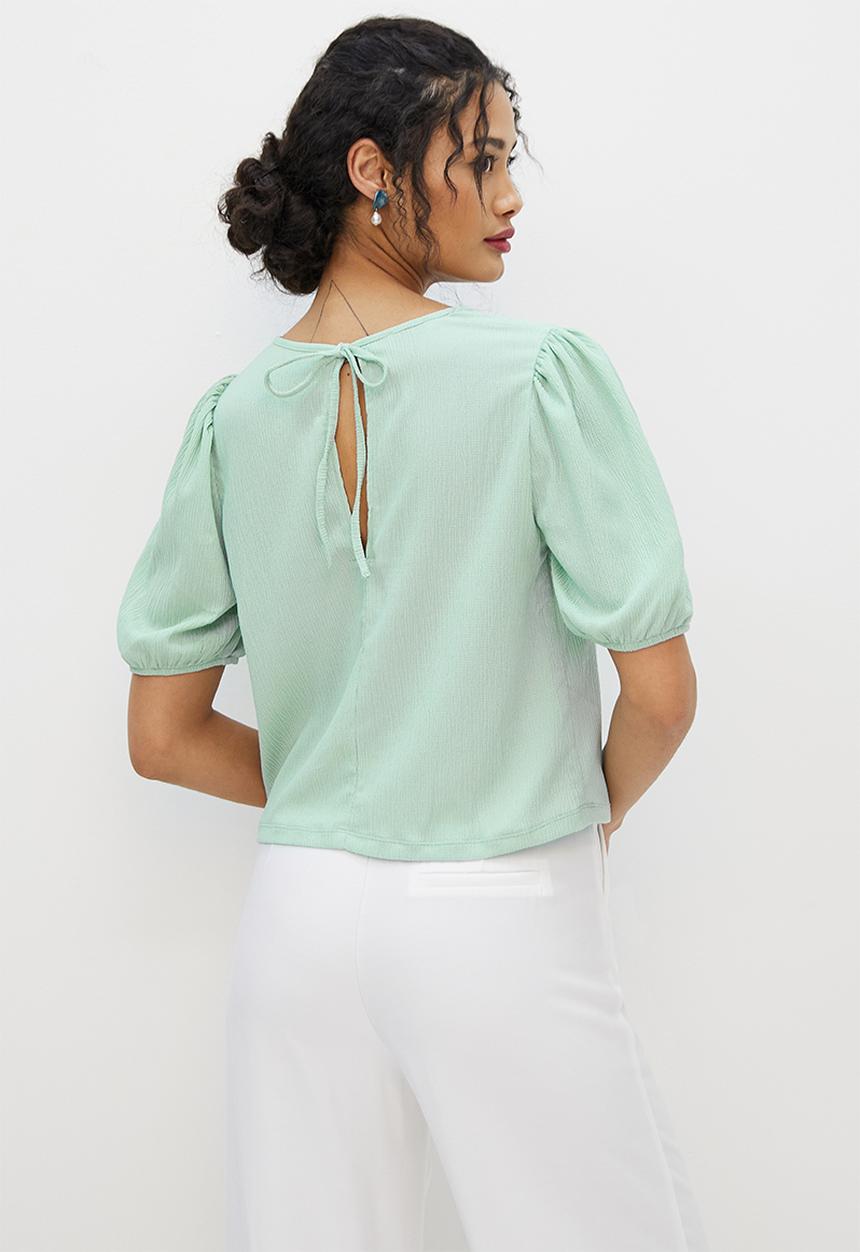 MILLA - Textured puff sleeve boxy top - sage
