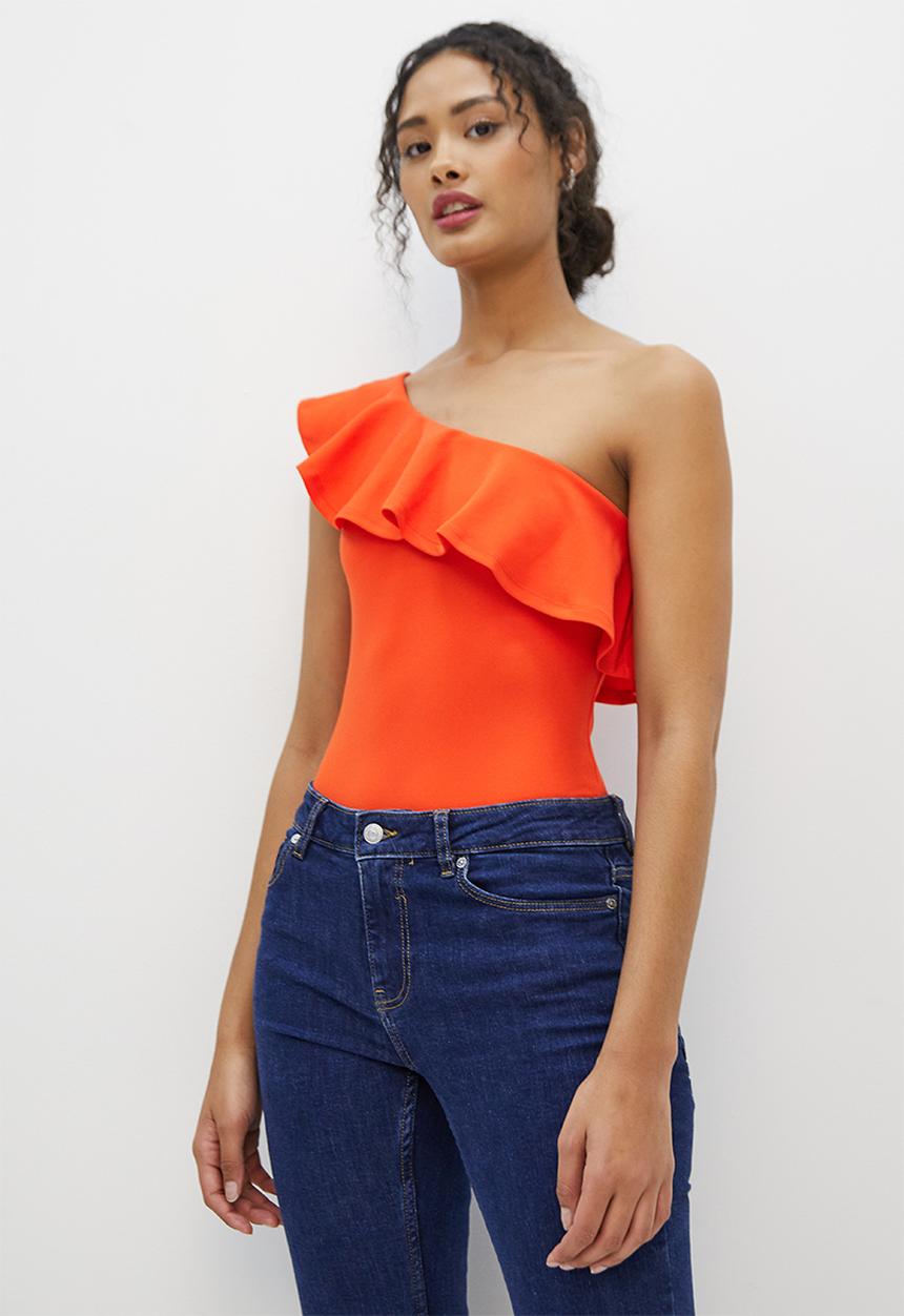 MILLA - Asymmetric ruffle bodysuit - tangerine