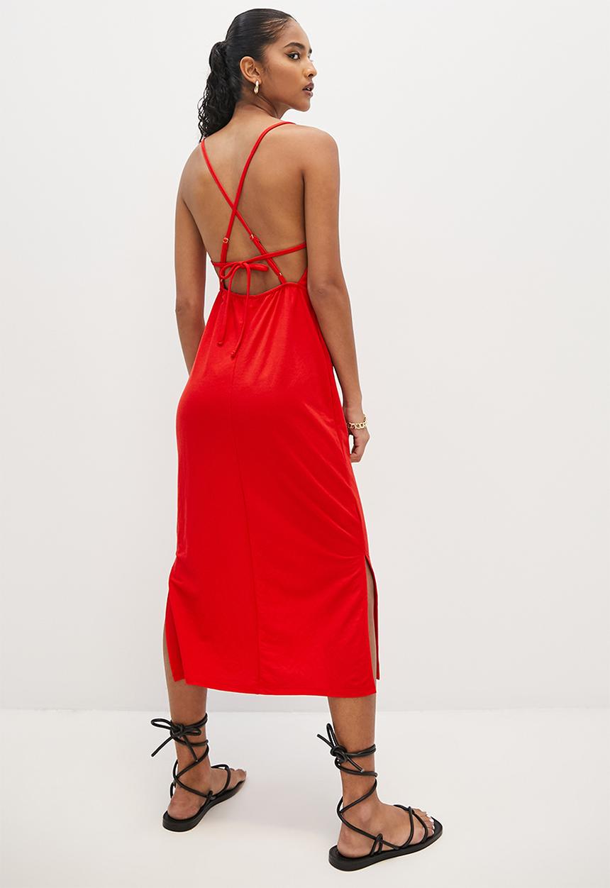 VELVET - Knit strappy open back column dress - red