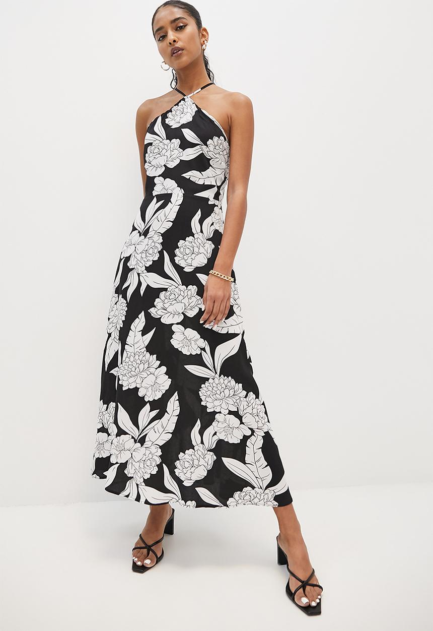 VELVET - Cami fit and flare midi dress with strappy back ties - black