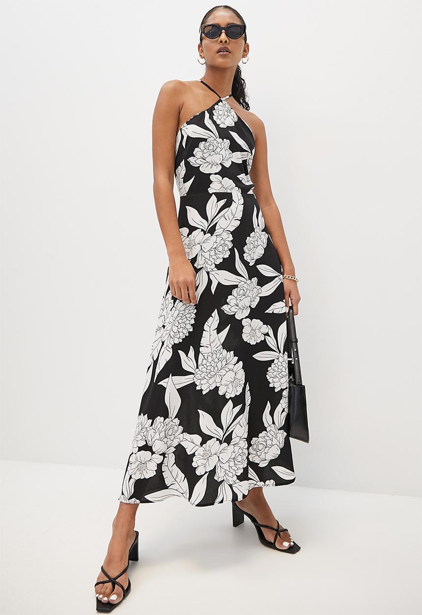 VELVET - Cami fit and flare midi dress with strappy back ties - black