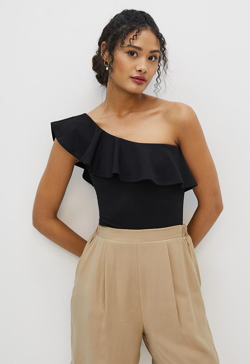 MILLA - Assym ruffle bodysuit - black