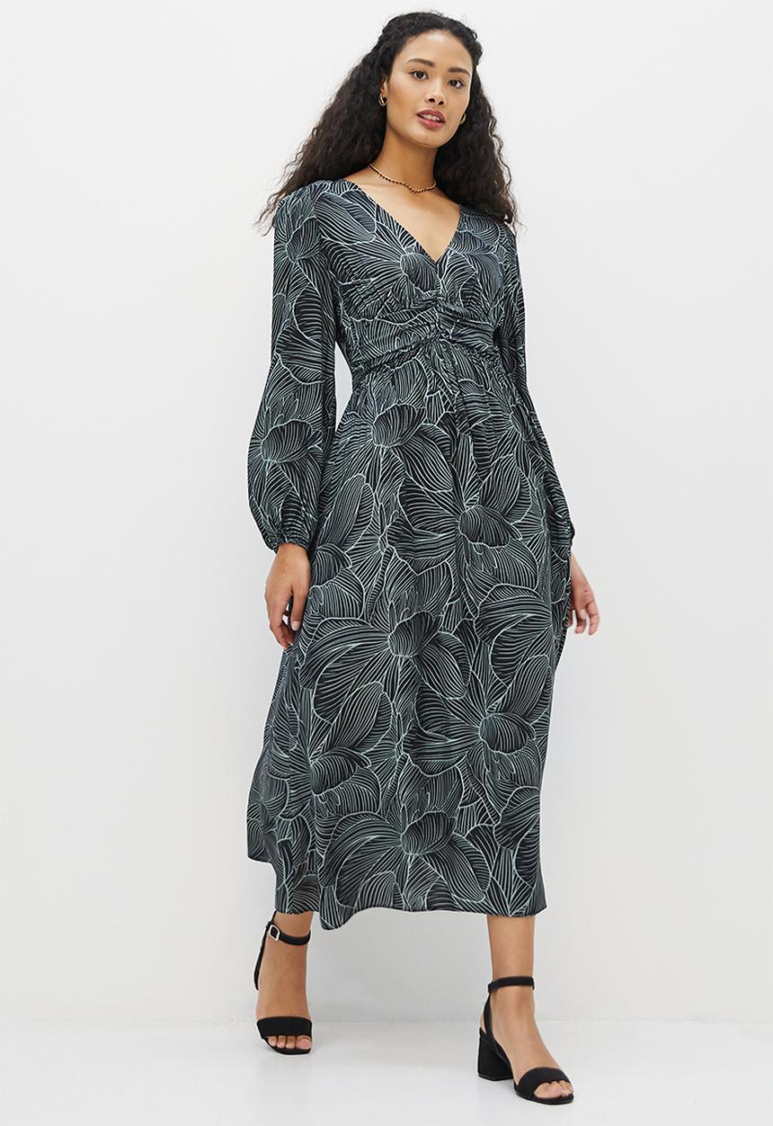 MILLA - Circle hem woven midi dress - black leaf print