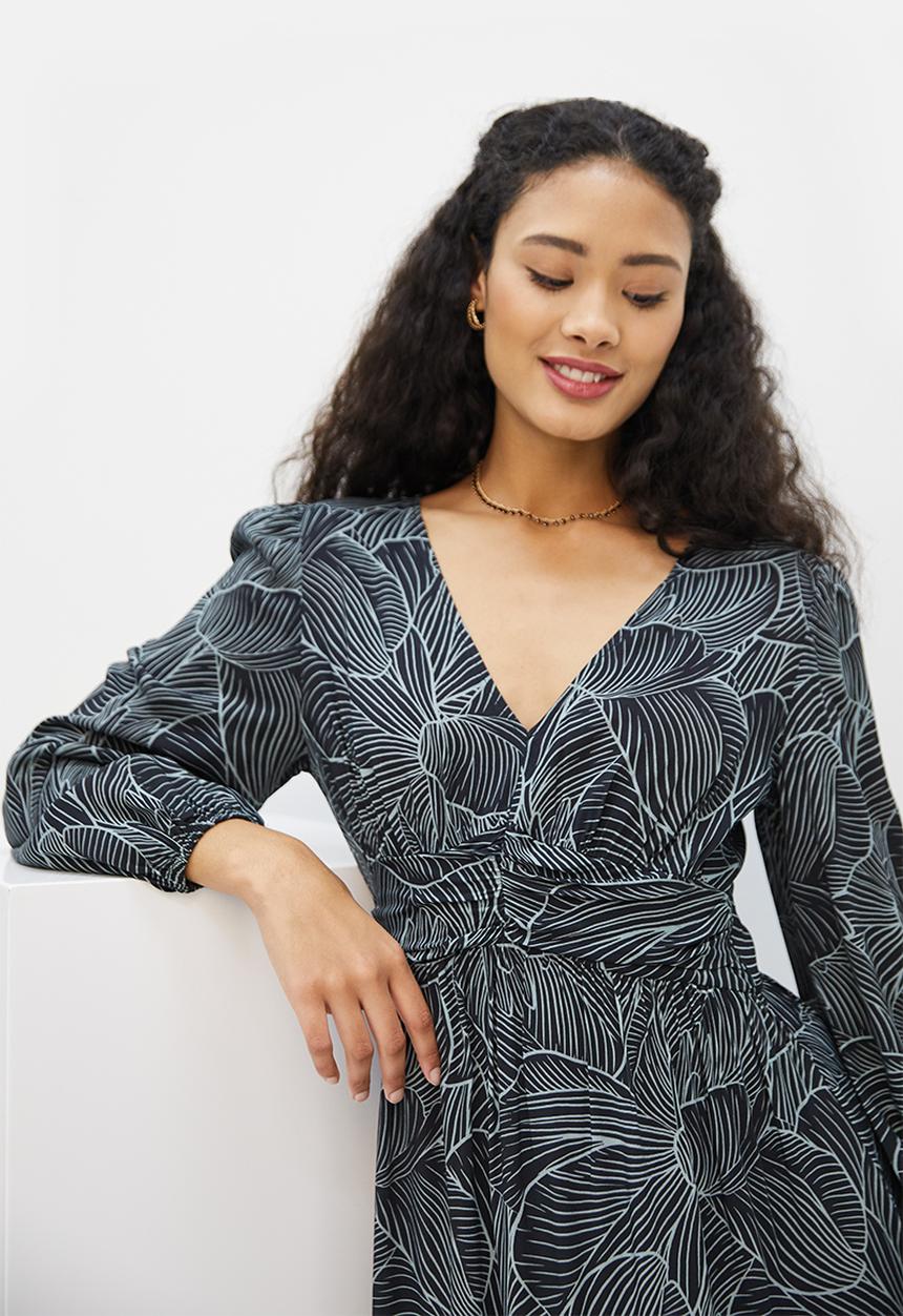 MILLA - Circle hem woven midi dress - black leaf print