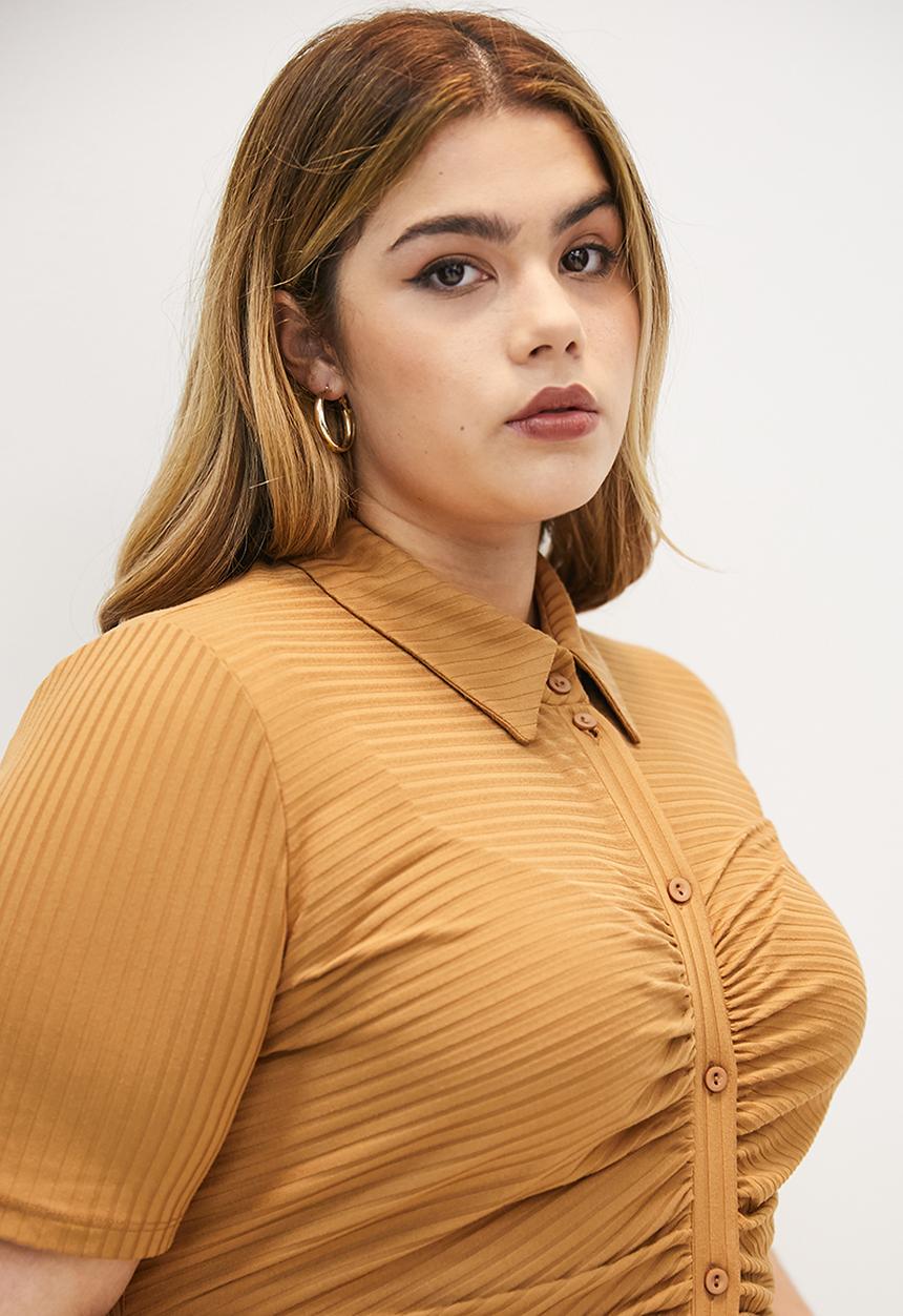 Blake - Ruched button down midi dress - latte