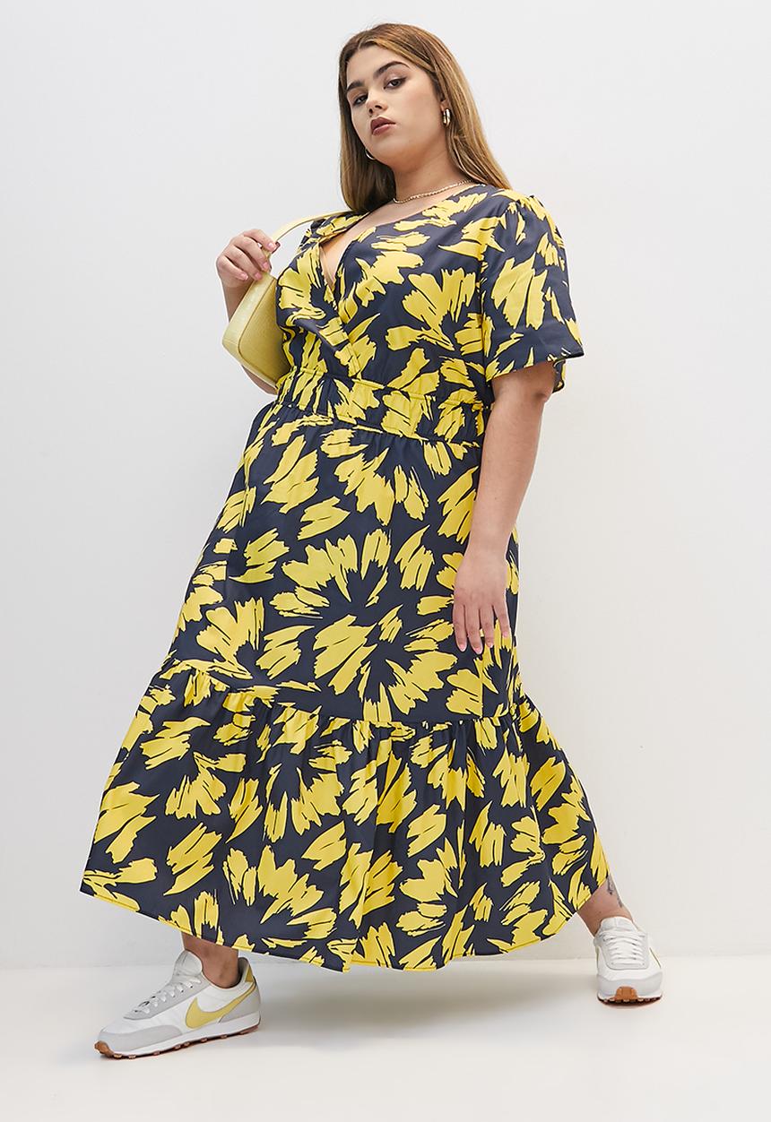 Superbalist - Fit and flare midi dress - yellow mono leaf