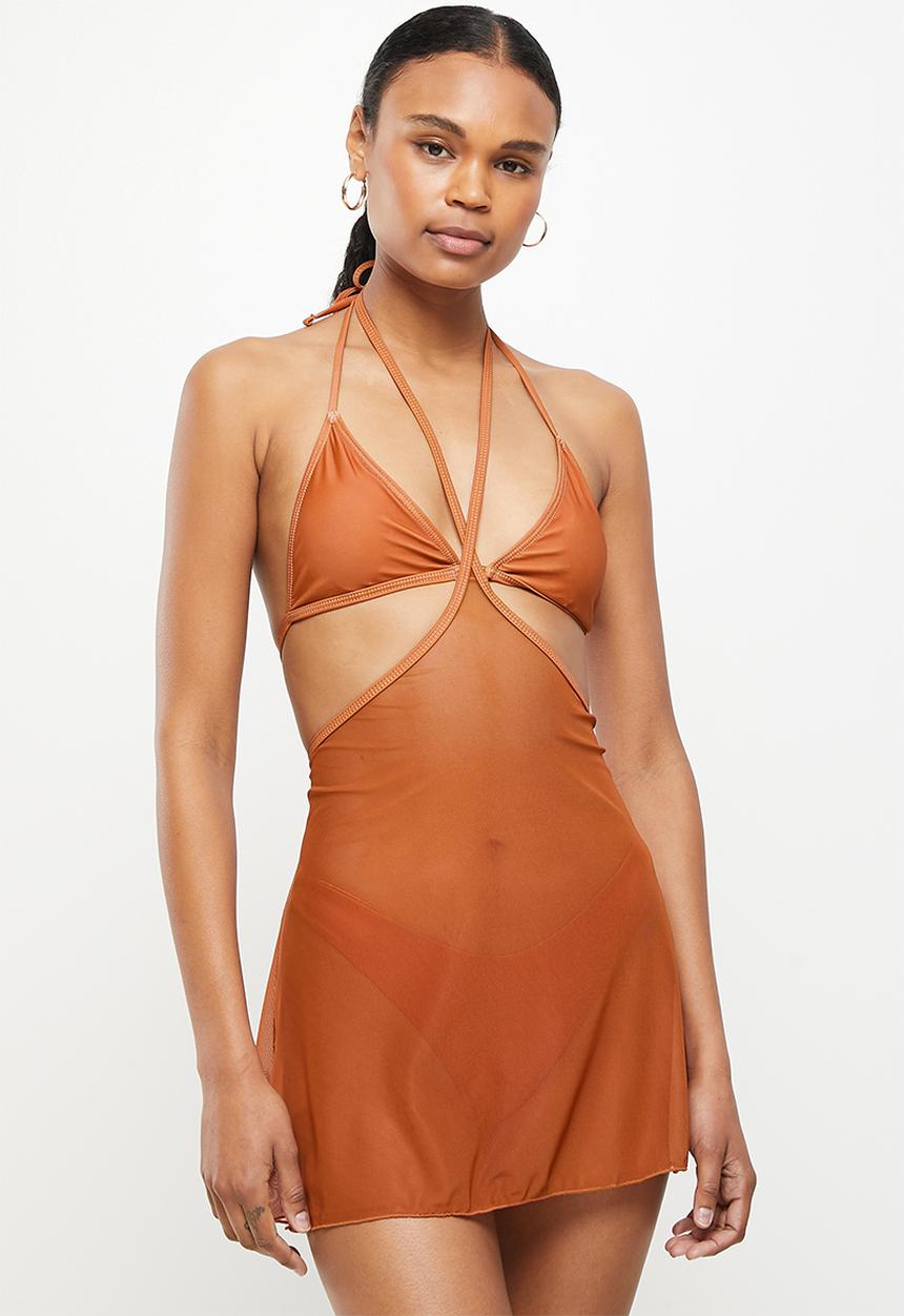 dailyfriday - 2 Piece bikini and mesh cover up - rust