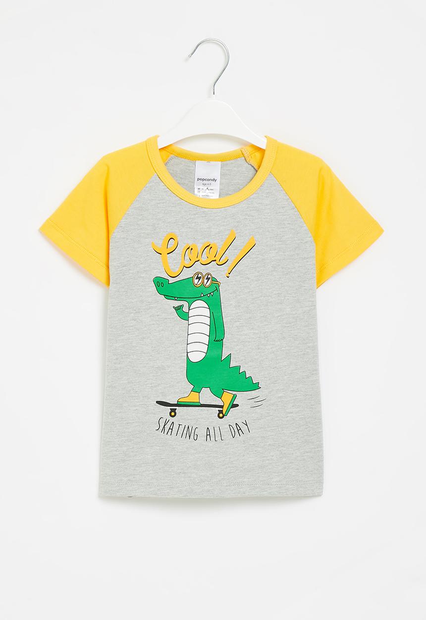 Pop Candy - Boys dino skate tee - grey & yellow