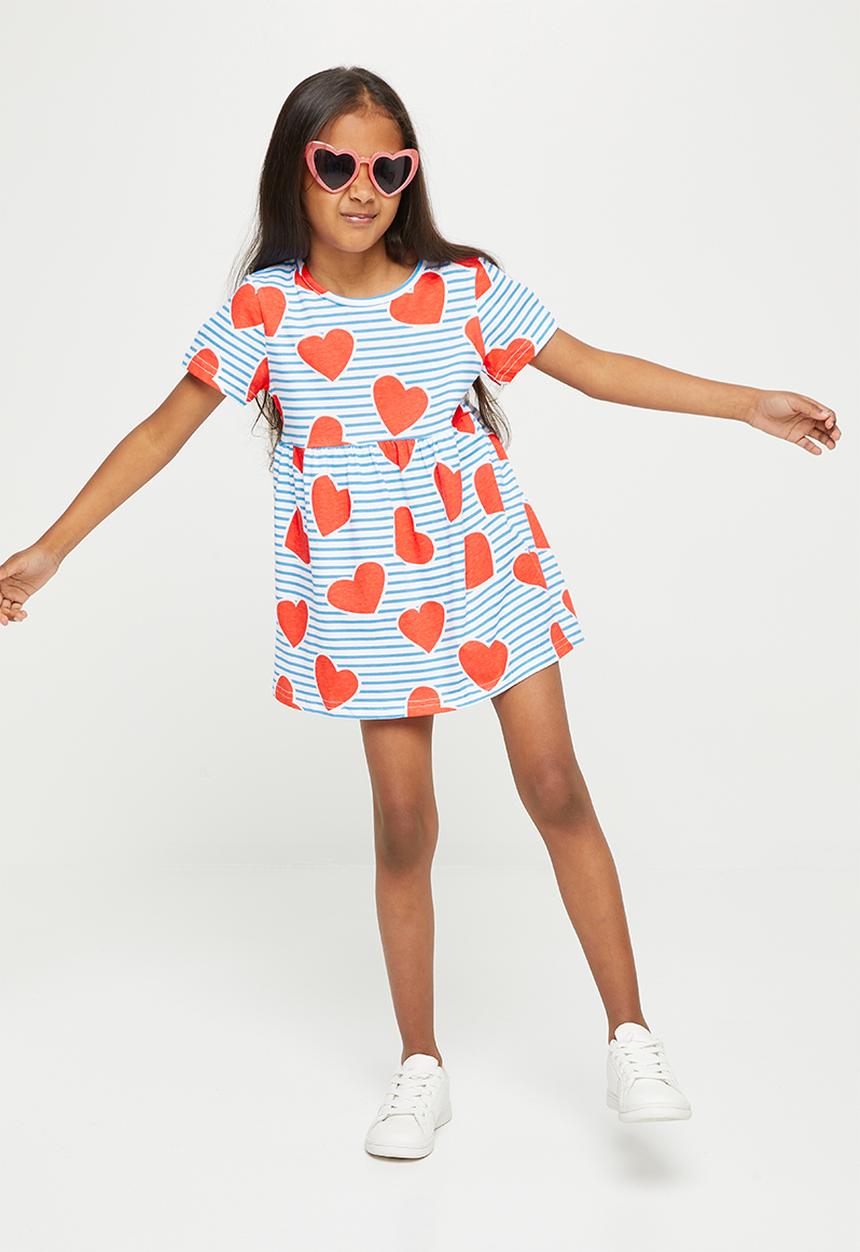 Pop Candy - Girls hearts & stripe dress - blue & red