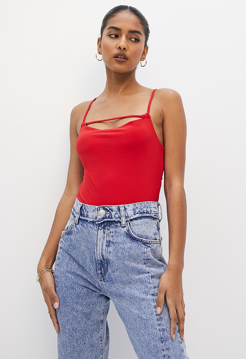 VELVET - Strappy square neck bodysuit with open back - red