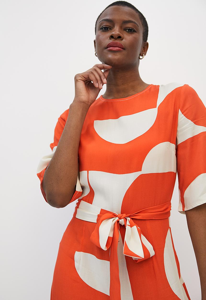 edit - Boxy shell belted jumpsuit - orange & white 