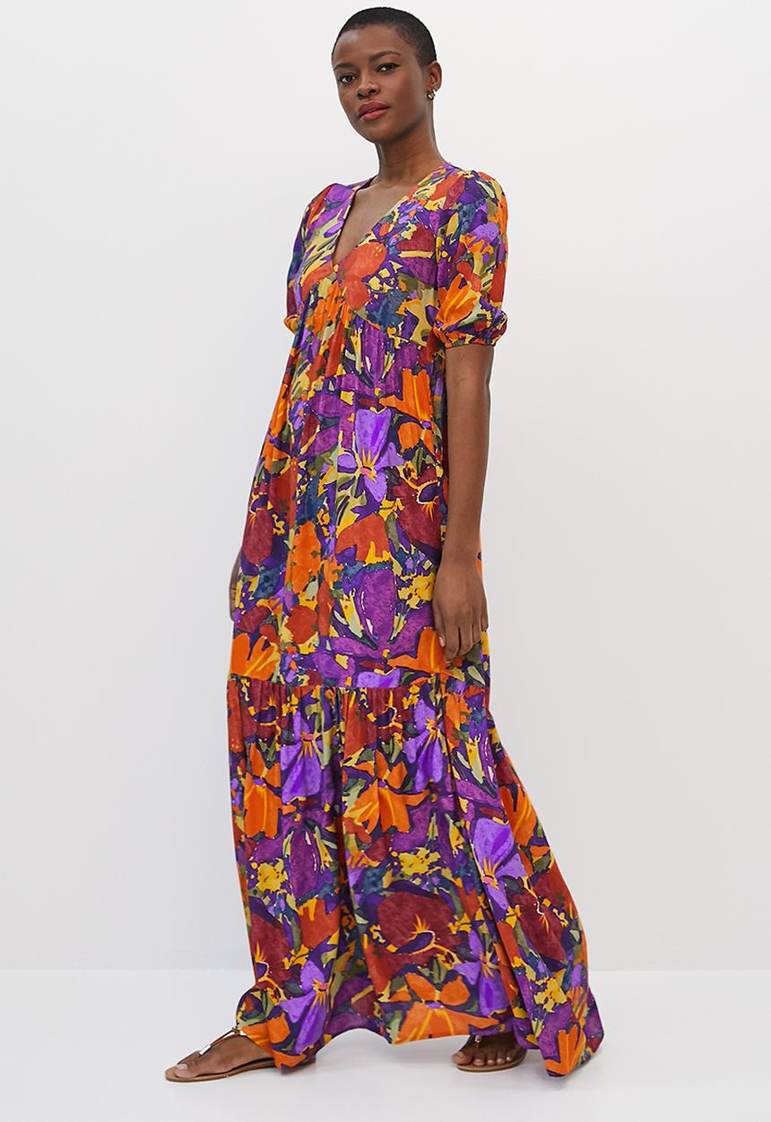 edit - Bellow sleeve tiered a-line maxi - bold artsy tropical